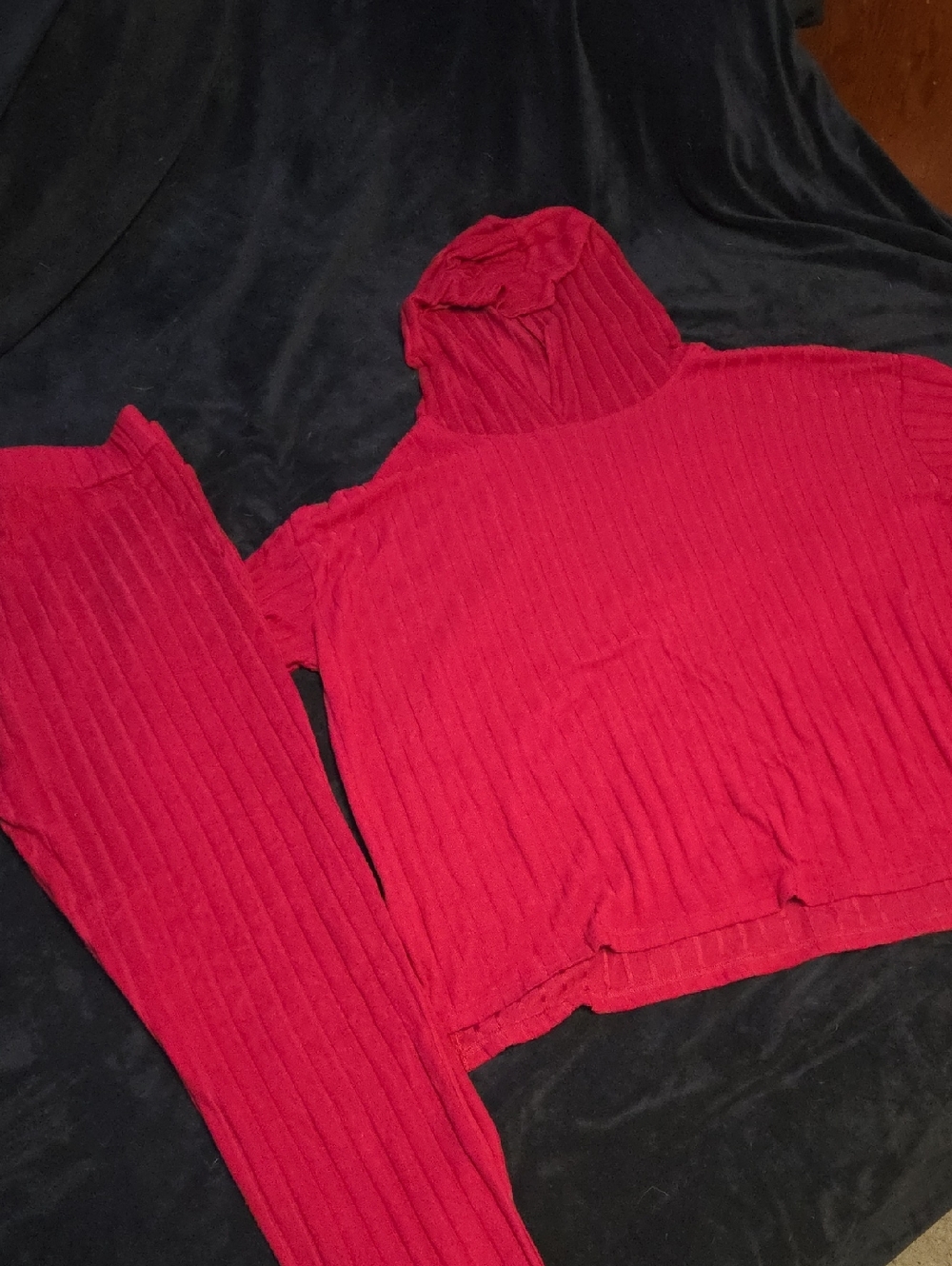 Red Ribbed Hooded Long Sleeve Sweater Pant Set